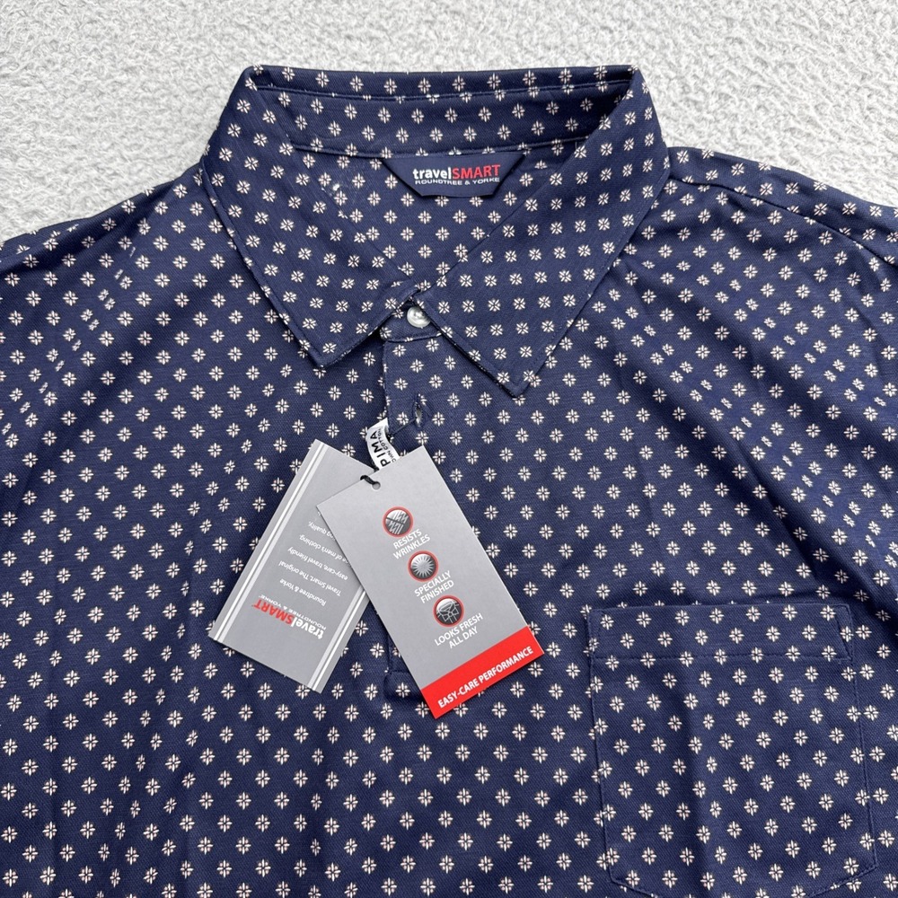 Roundtree & Yorke Polo Shirt Mens XXL Blue New TravelSmart Geometric Pocket